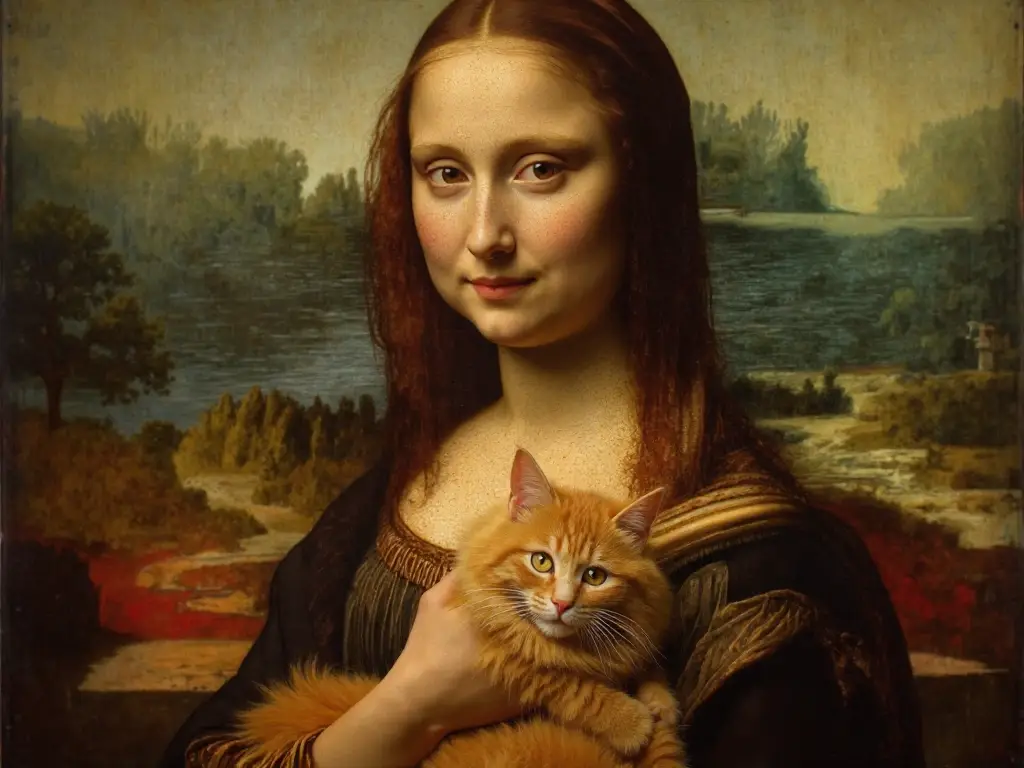 AI generated creative reimagining of Mona Lisa as orange cat - humorous artistic parody by AI Image Agent